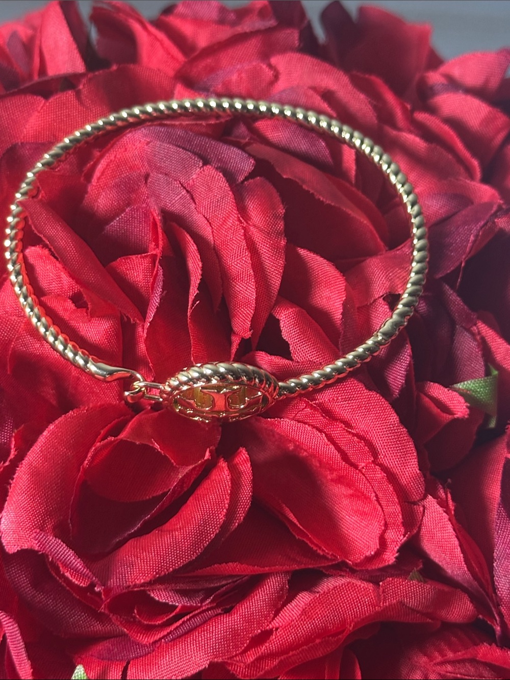 Tory Burch Gold Twisted Cable Hinged Bangle Bracelet| Double T Logo - Picture 2 of 4